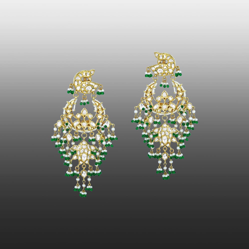 Floral Polki Earrings with Cascading Emerald and Pearl Beads